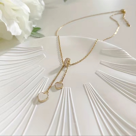 Jewelry - Tassel Double Heart Pendant Necklace Stainless Steel Chain with Zirconia
